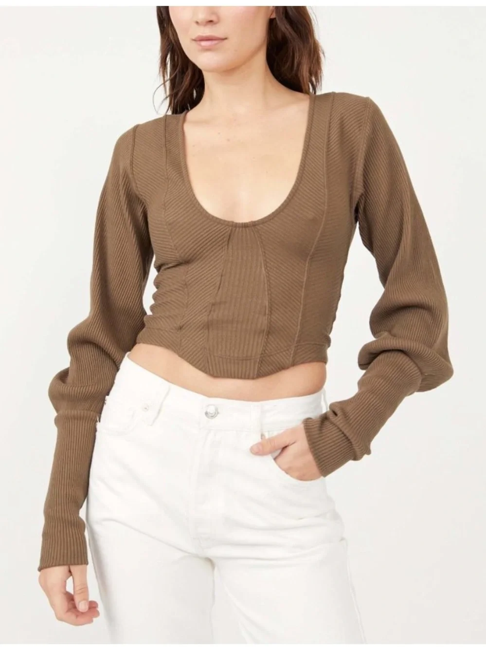 Free People Petra Scoop-Neck Crop Top in Tortoise Shell Brown - Picture 1 of 10
